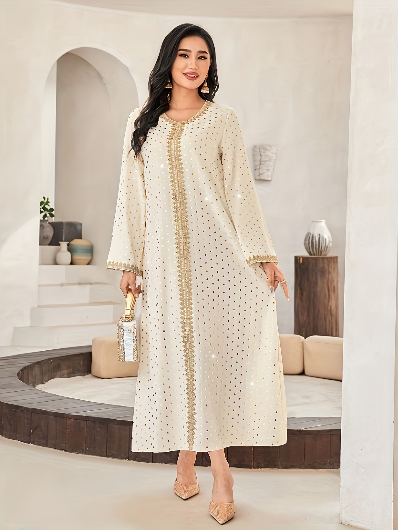 Polka Dot Print Crew Neck Kaftan Dress, Elegant women fashion'/MH