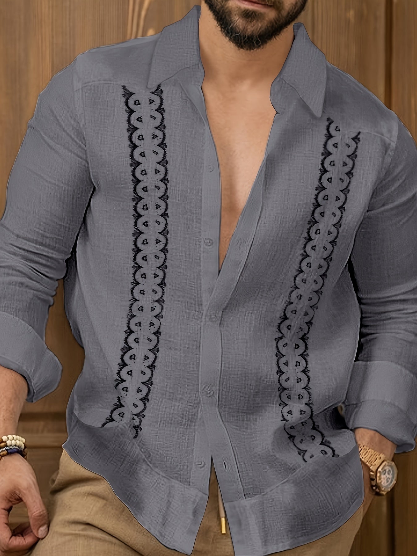 Mature Style Men's Cotton Linen Blend Casual Shirt - Lapel Collar Solid Color .