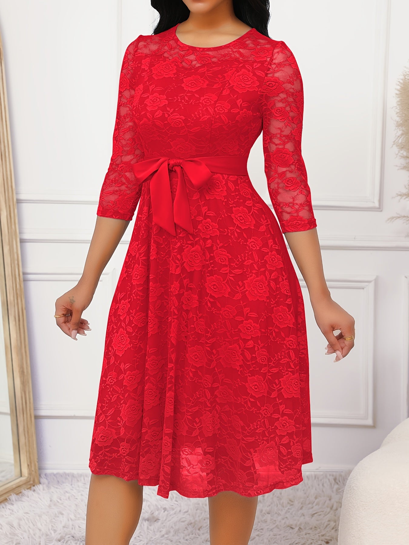 Floral Lace Ruffle Hem Belted Dress, Elegant Crew Neck 3/4 Sleeve Aline Dress ./MH