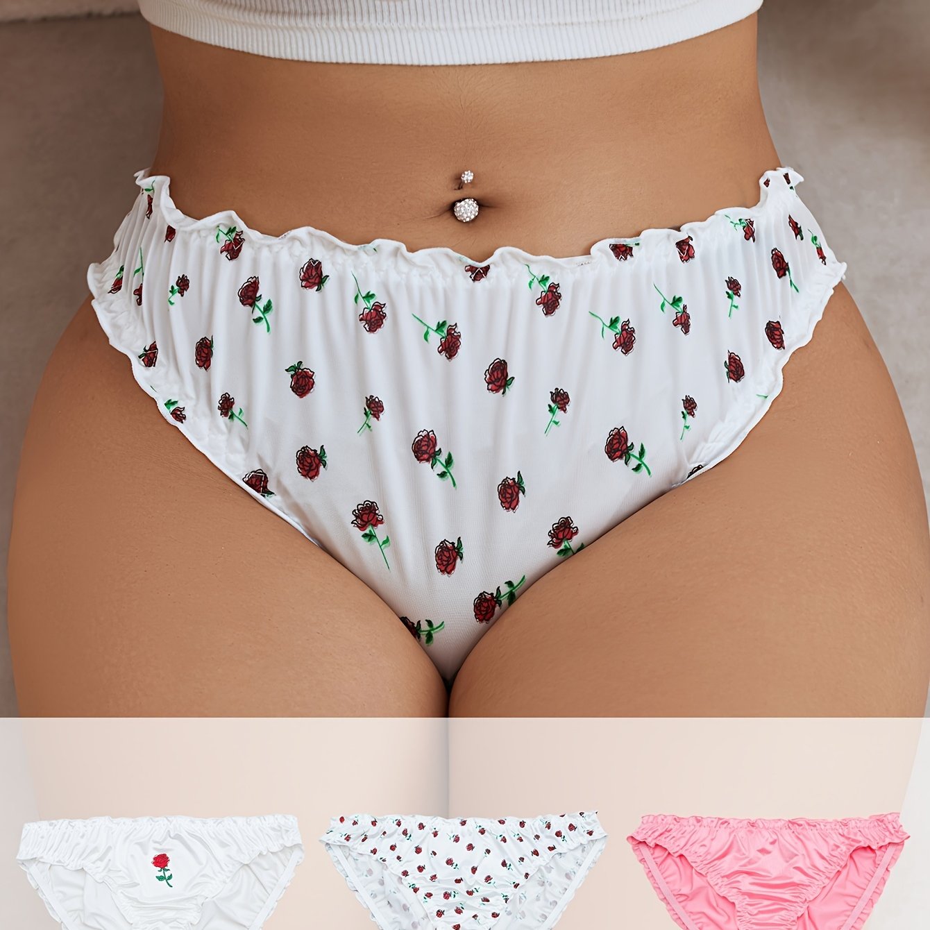3pcs Women'S Plus Size Floral Lingerie Briefs - Sexy Ruffled Hem, /MH