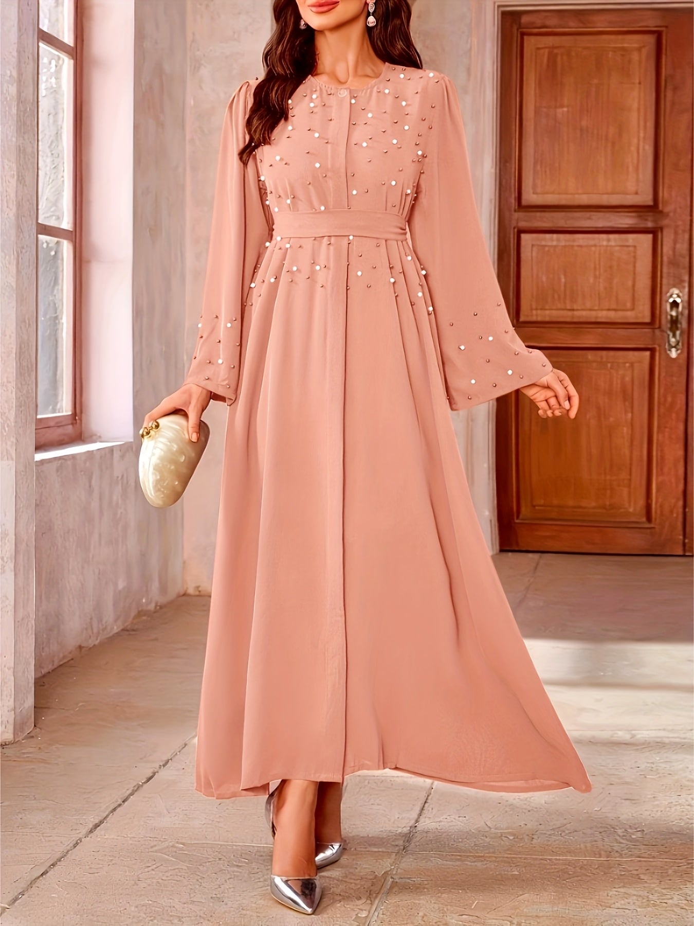 Elegant Navy Blue Abaya with Pearl Embellishments and Belt -/MH