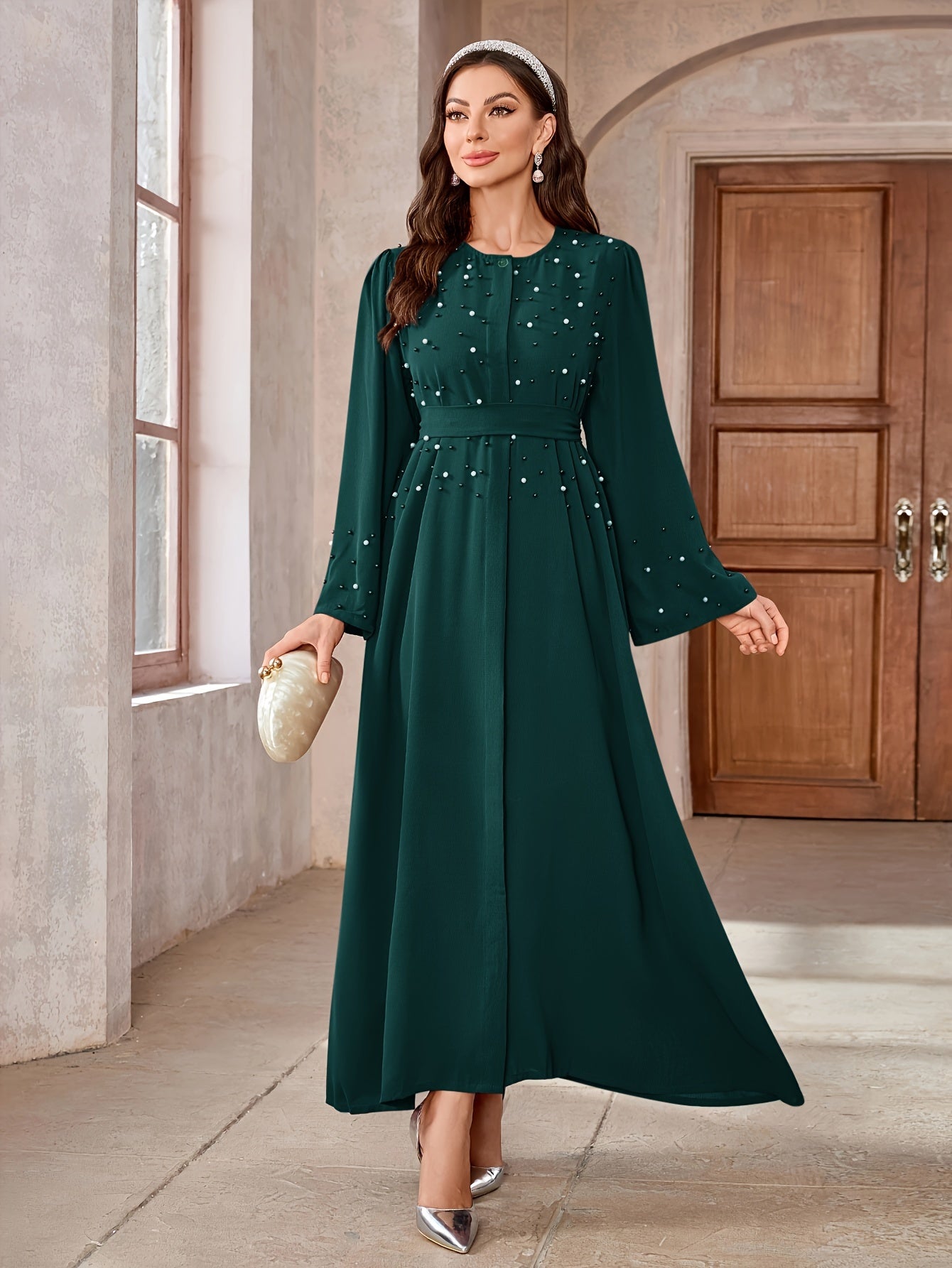 Elegant Navy Blue Abaya with Pearl Embellishments and Belt -/MH