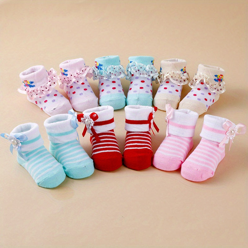 6 Pairs Baby Girls Socks, Multicolor Ruffle Lace Toddler Socks,/MH