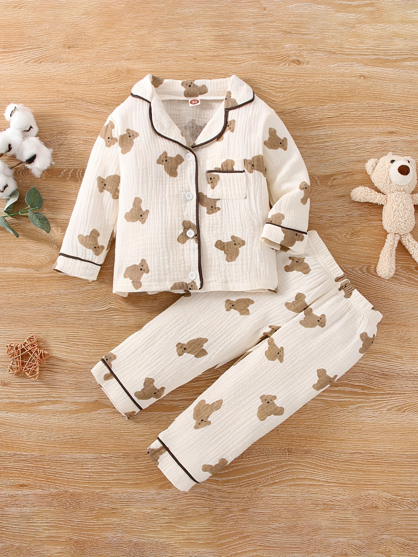 Kid's 2pcs Muslin Pajamas, Long Sleeve Button,