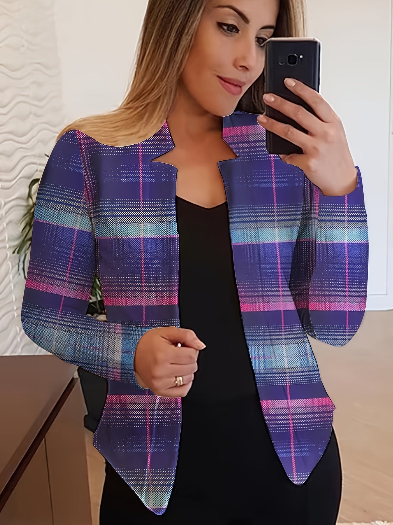 Plaid Print Open Front Blazer, Elegant Long Sleeve .