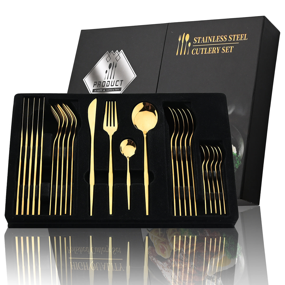 24-Piece Luxury Black Handle Golden Cutlery Set - High-Quality Stainless Steel Knife, Fork, and Spoon Tableware Flatware Set for Festival, Kitchen, and Dinnerware - Ideal Gift for Friends and Family
