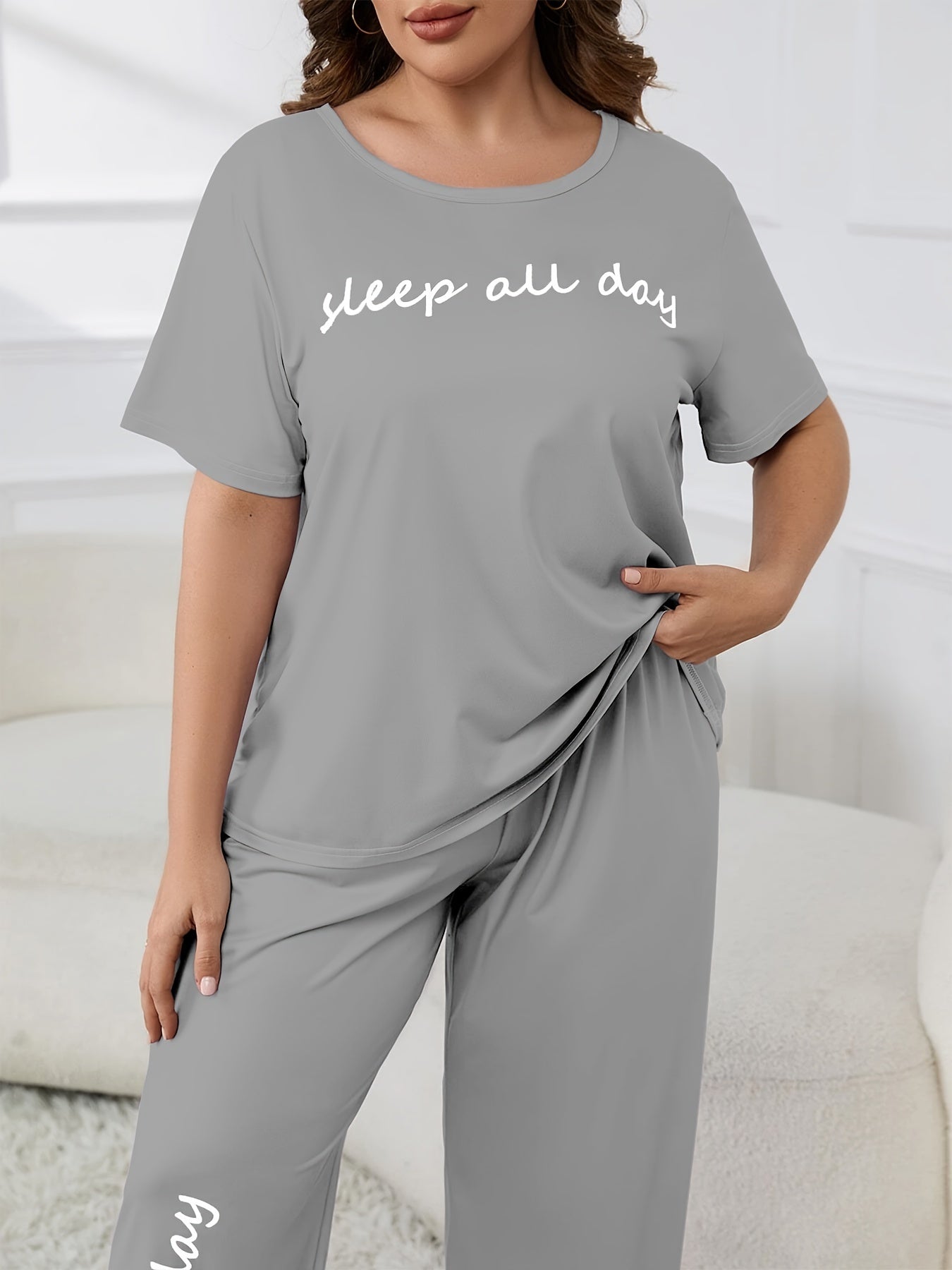 Plus Size Women's Cute Pajama Set, Plus Size Letter Print Short Sleeve Top and Pants Casual 2pcs, Plus Size Pajama Sets