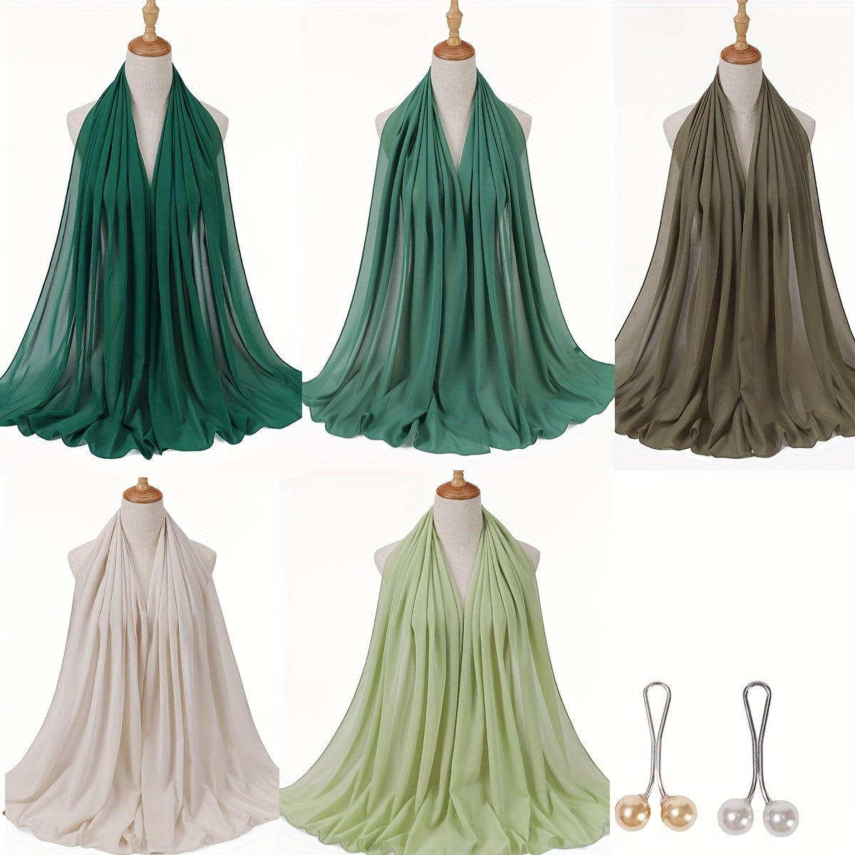1box Solid Color Chiffon Hijab And Hijab Pins Thin Breathable Sunscreen Scarves'/MH