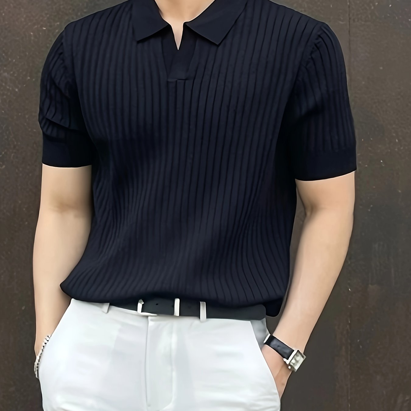 Men's Stripe Pattern Sweater, Casual Breathable Medium Stretch .