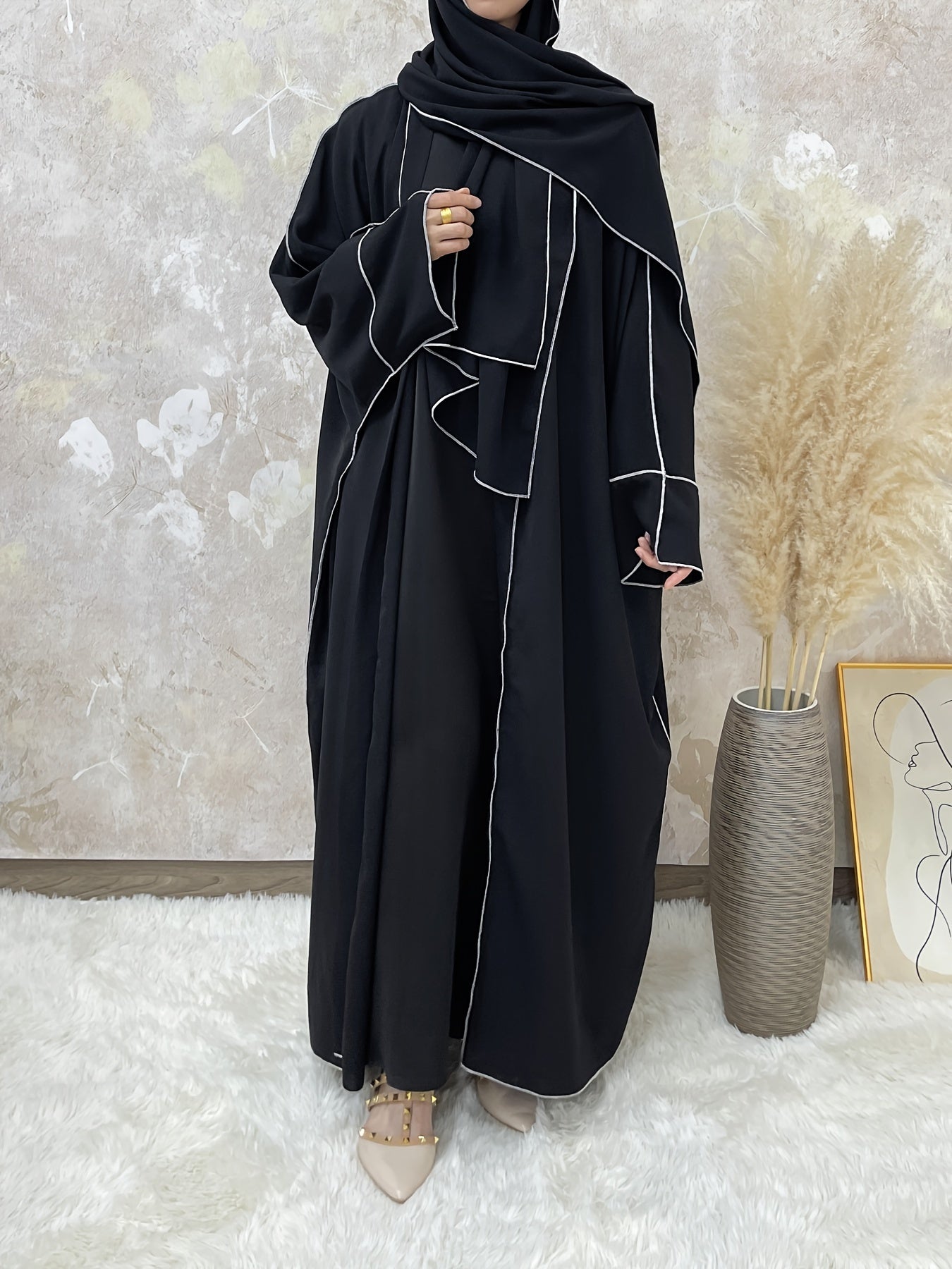 Elegant Contrast Trim Two-piece Set, Open Fron& Khimar Hijab,/MH
