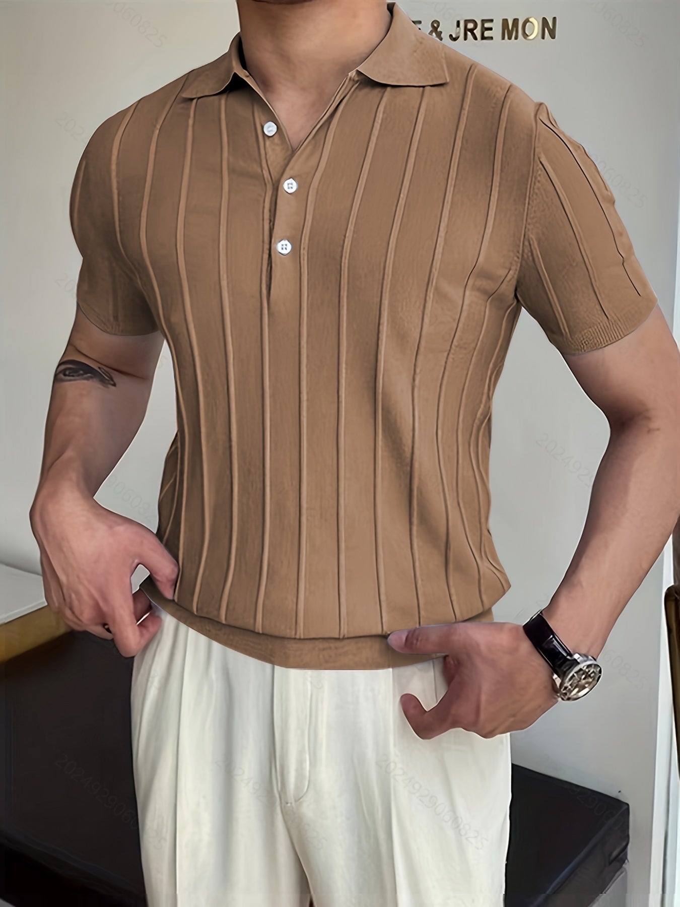 Vertical Striped Chic Shirt, Men's Casual Solid Color High Stretch .