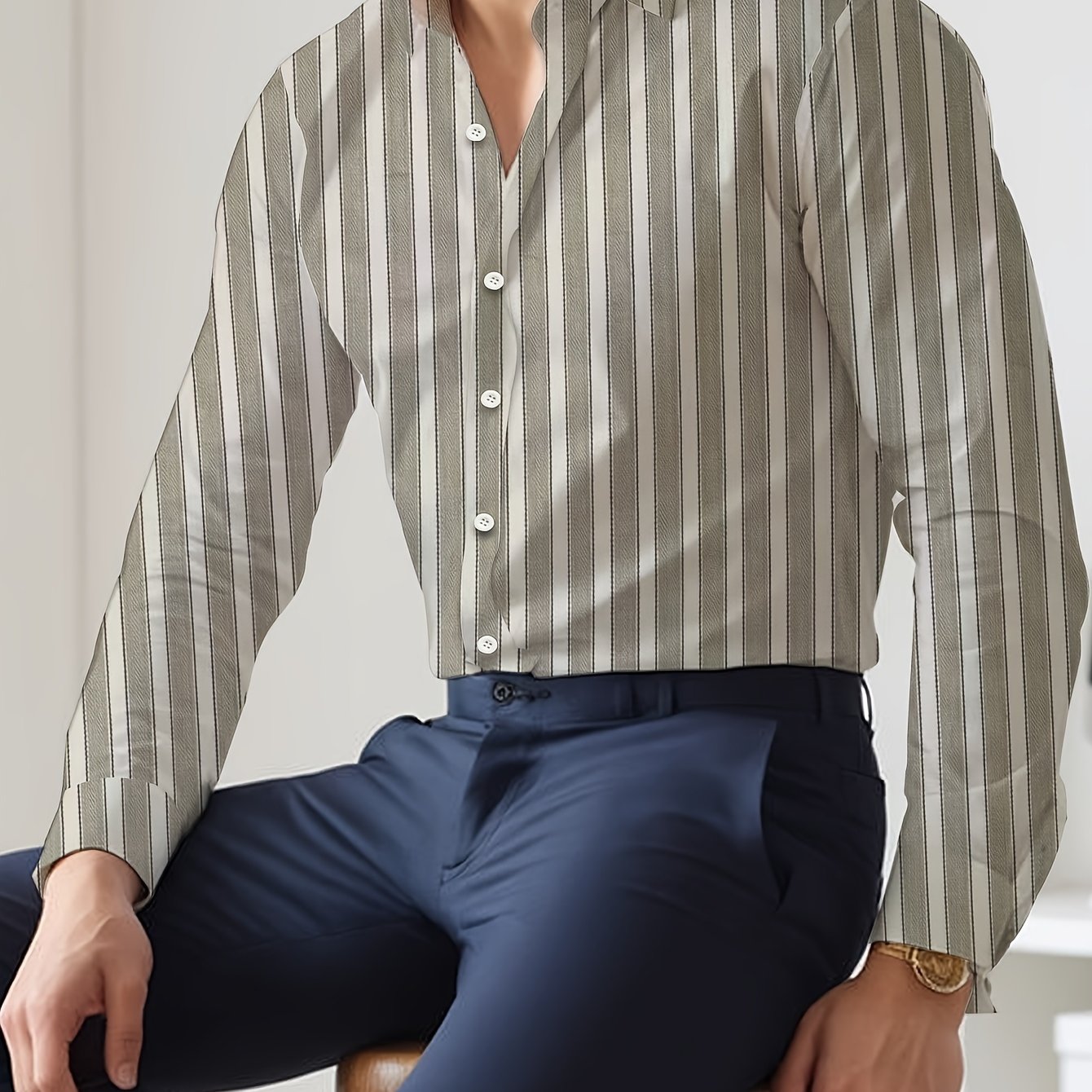 Men's Striped Lapel Collar Dress Shirts, Long Sleeve .