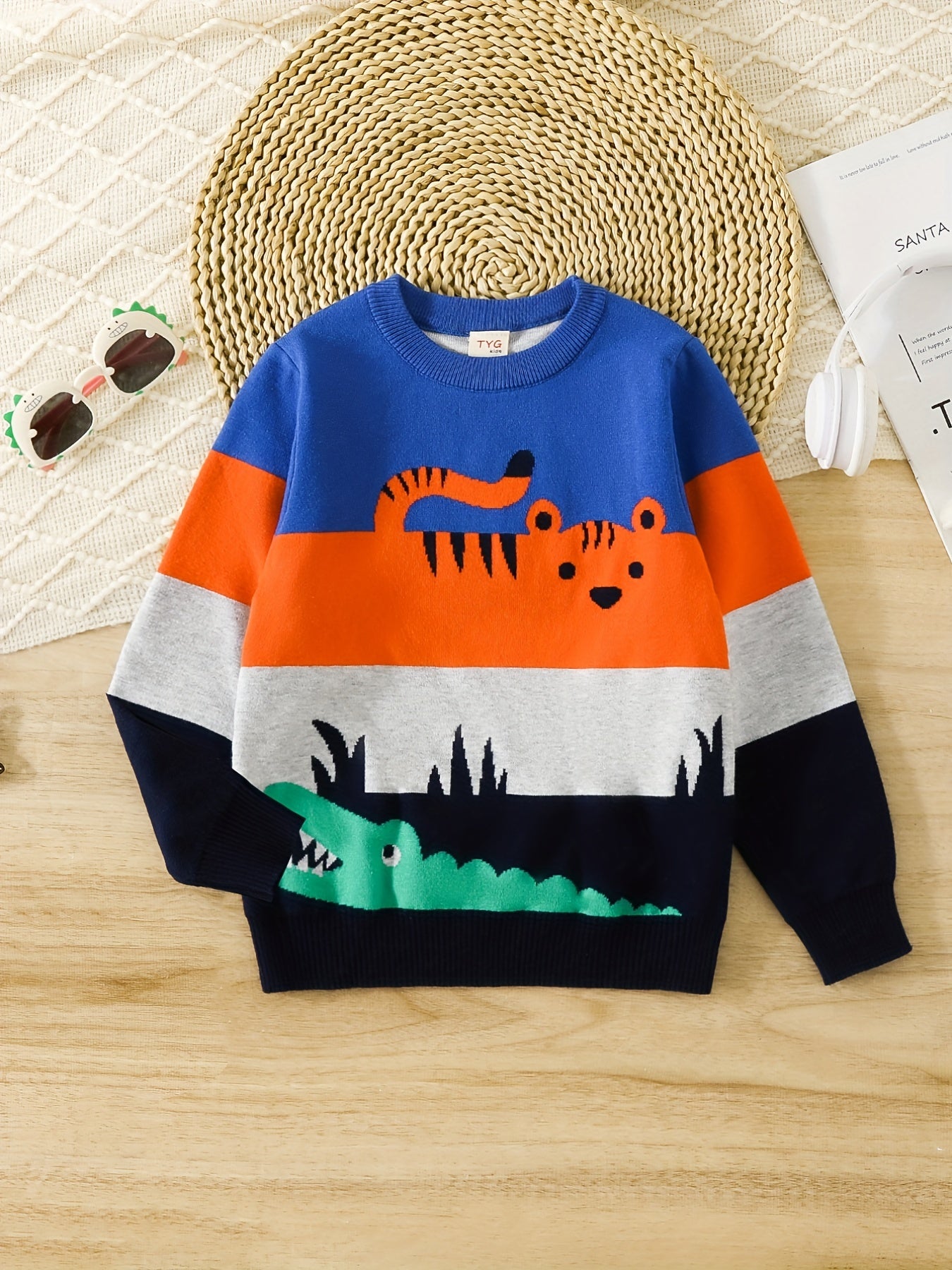 Boys Color Block Cartoon Tiger And Crocodile Pattern Sweater