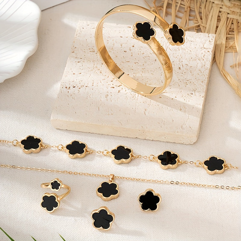 1 Pair Stud Earrings + 1 Pc Necklace + 1 Pc Bracelet + 1 Pc Bangle + 1 Pc Ring - Lucky Flower Design Alloy Jewelry Set for Women -