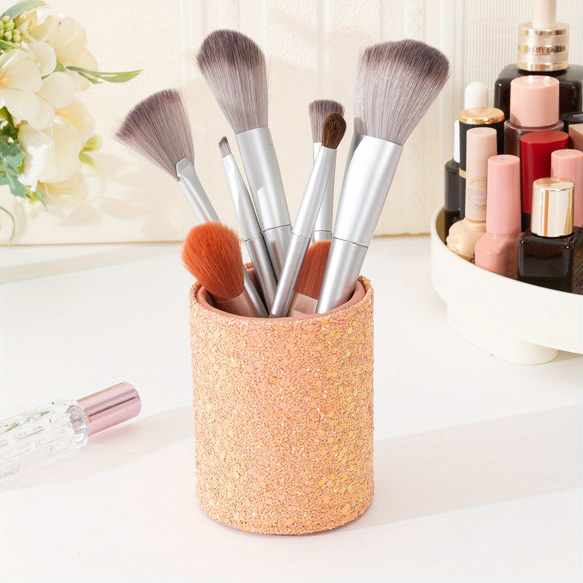 Glitter Makeup Brush Holder Sequin Decor Pencil Cup Shiny For Women, Makeup Brush Holder Organizer Cup Gift For Desk Office Classroom Home Sequin Brush Bucket