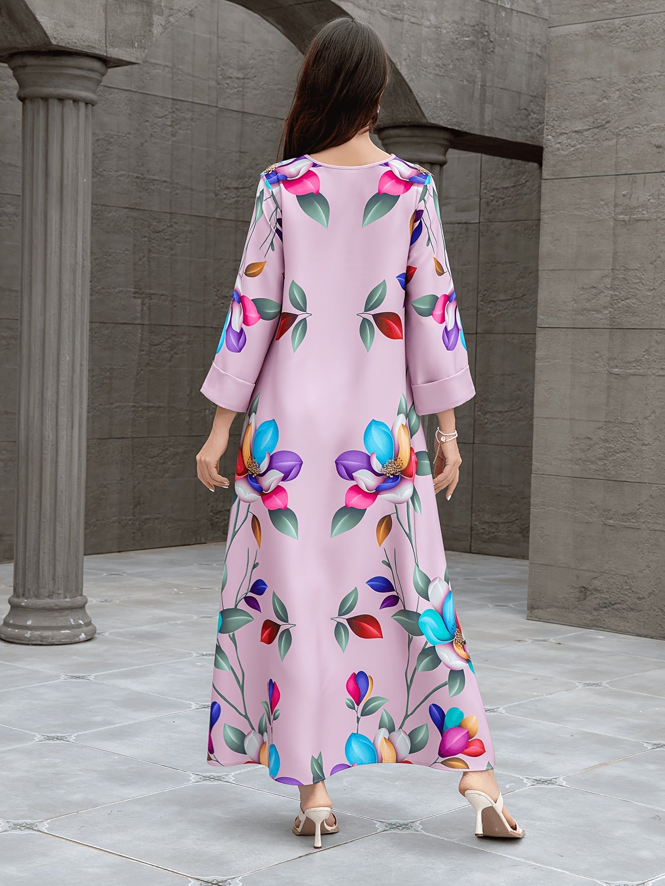 1pc Elegant Floral Abaya Dress for Women, Long Sleeve '/MH