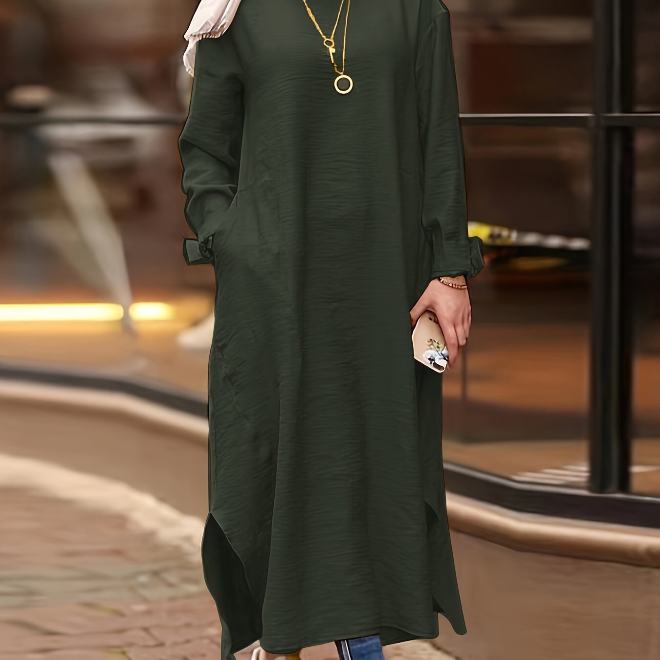Solid Split Kaftan Dress, Modest Long Sleeve Maxi Dress '/MH