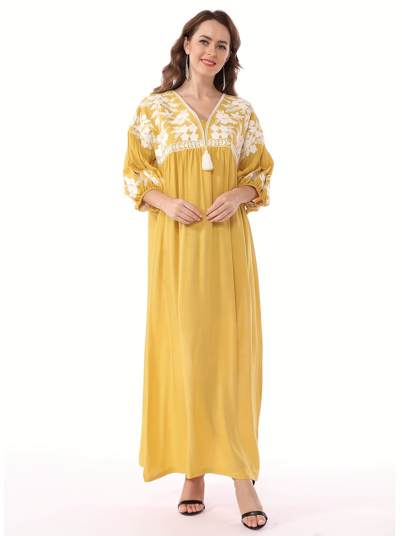 Themed Green Dress with White Floral Embroidery - ./MH