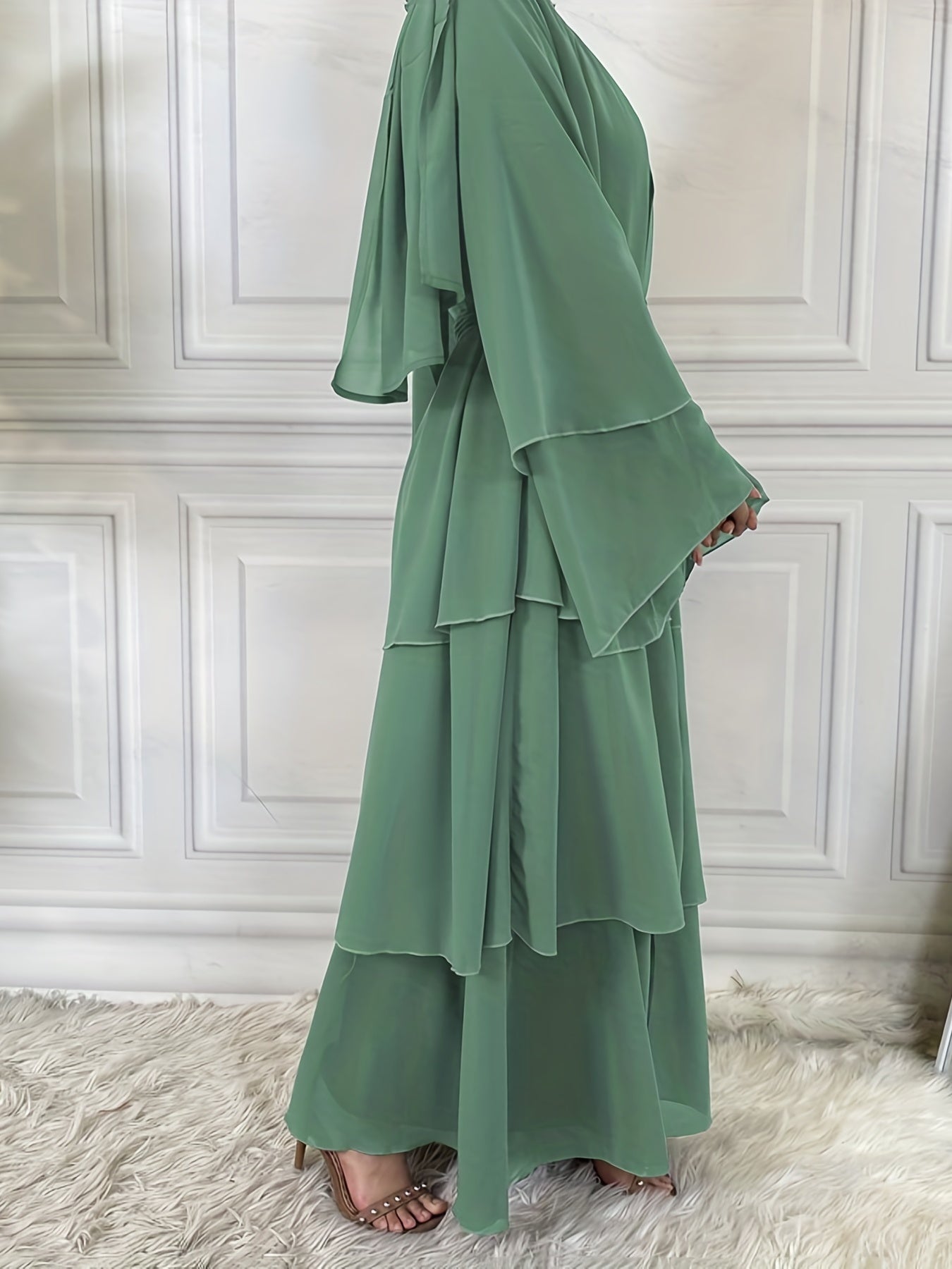 Layered Open Front Modest Dress, Long Sleeve Muslim Dress'/MH