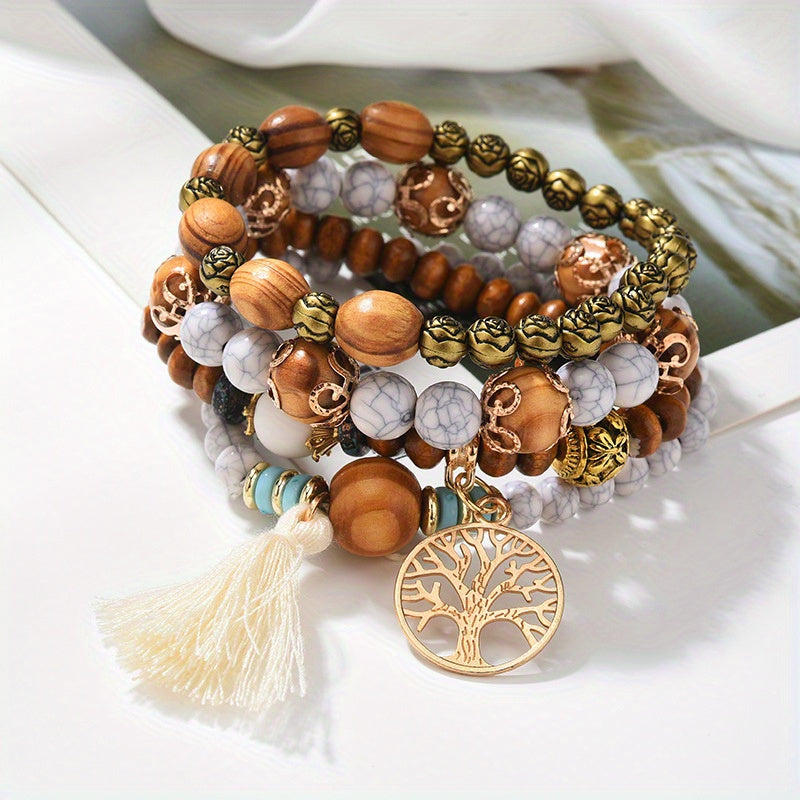 4pcs/set Tree Of Life Pendant Multilayer Beaded Bracelet Round Bead Wooden Bead Bracelet Bohemian Ethnic Jewelry Accessories Handmade -A Stylish Accessory, Father's Day Gift