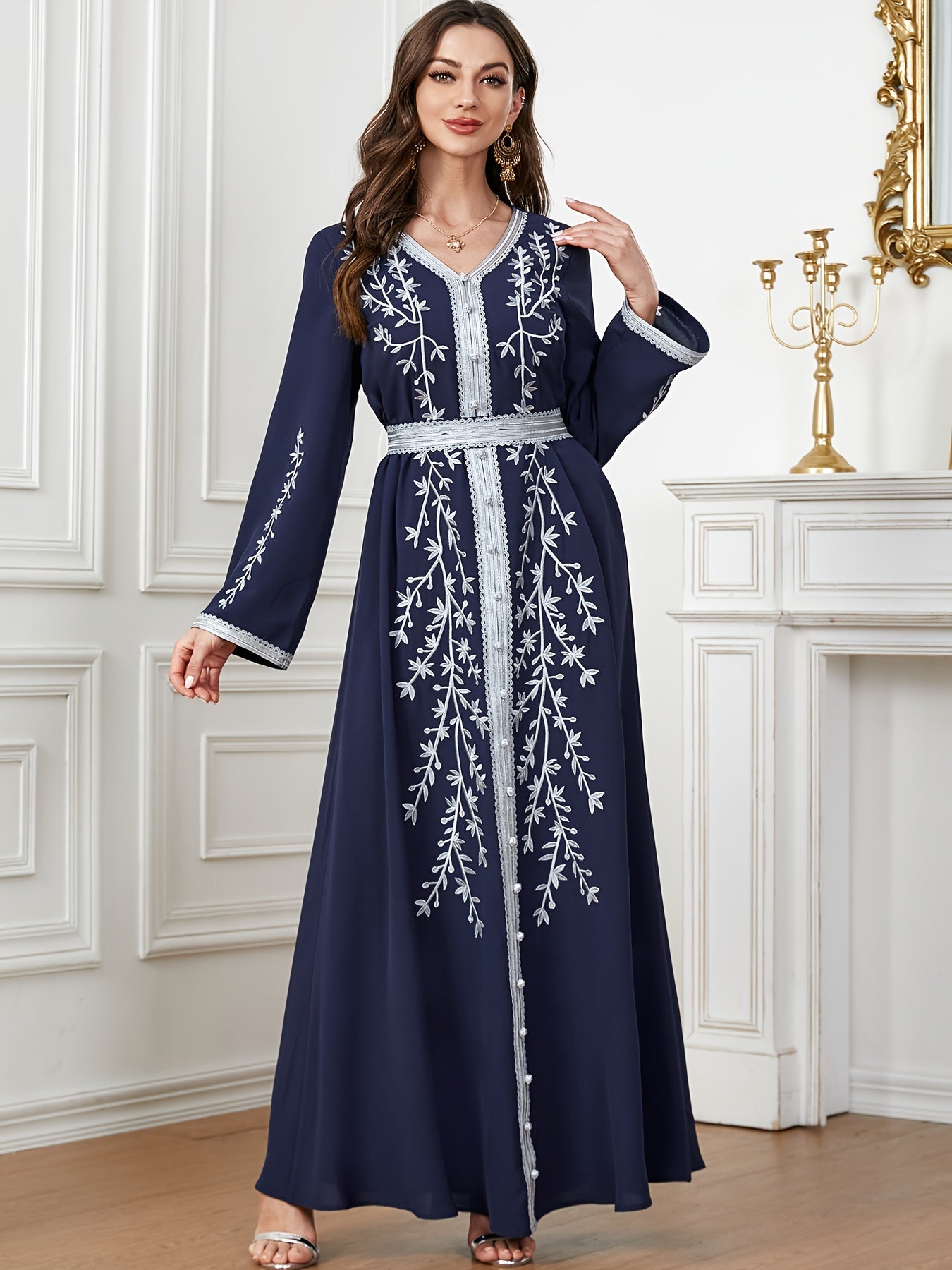 Floral Pattern Kaftan Dress, Elegant V Neck '/MH