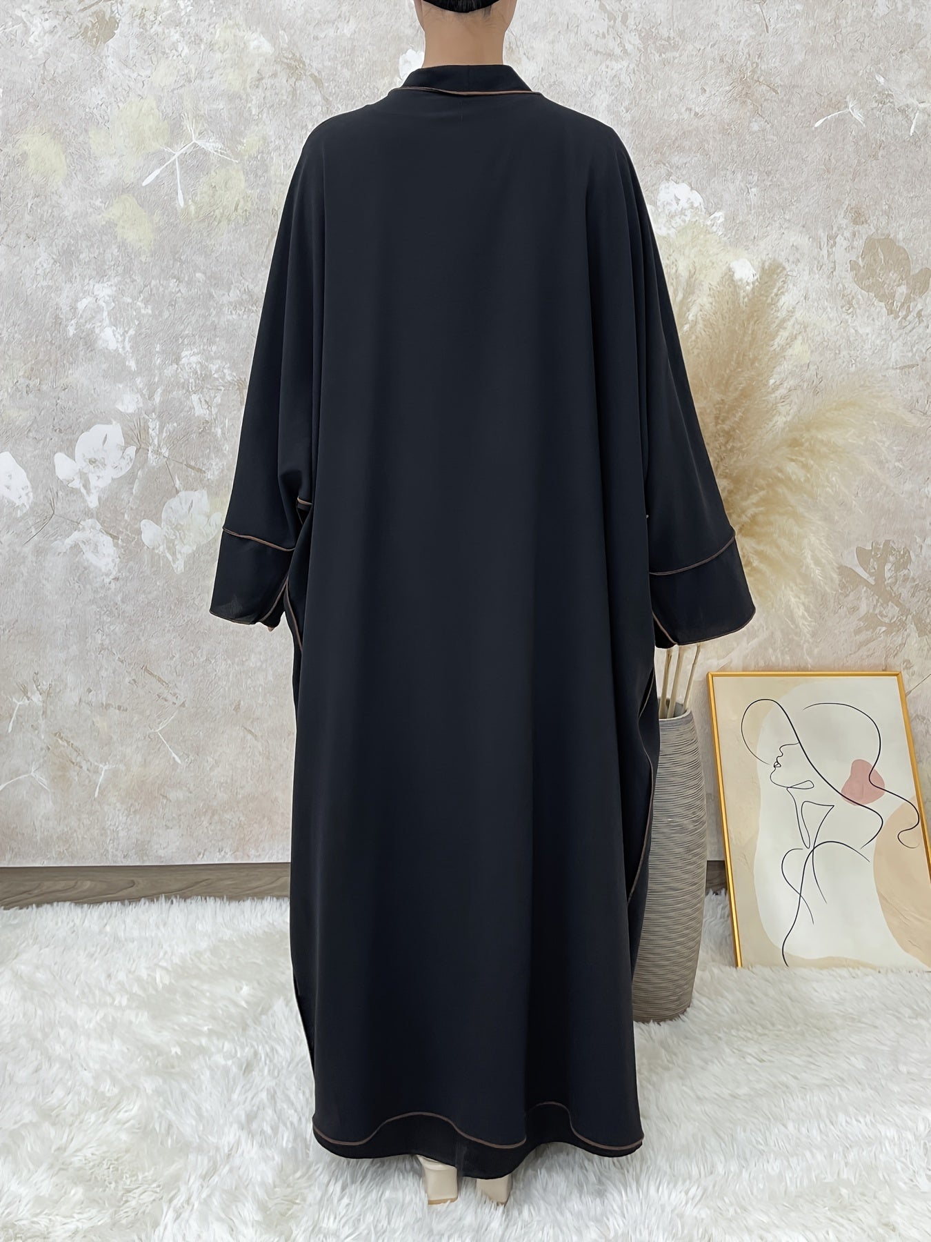Elegant Contrast Trim Two-piece Set, Open Fron& Khimar Hijab,/MH