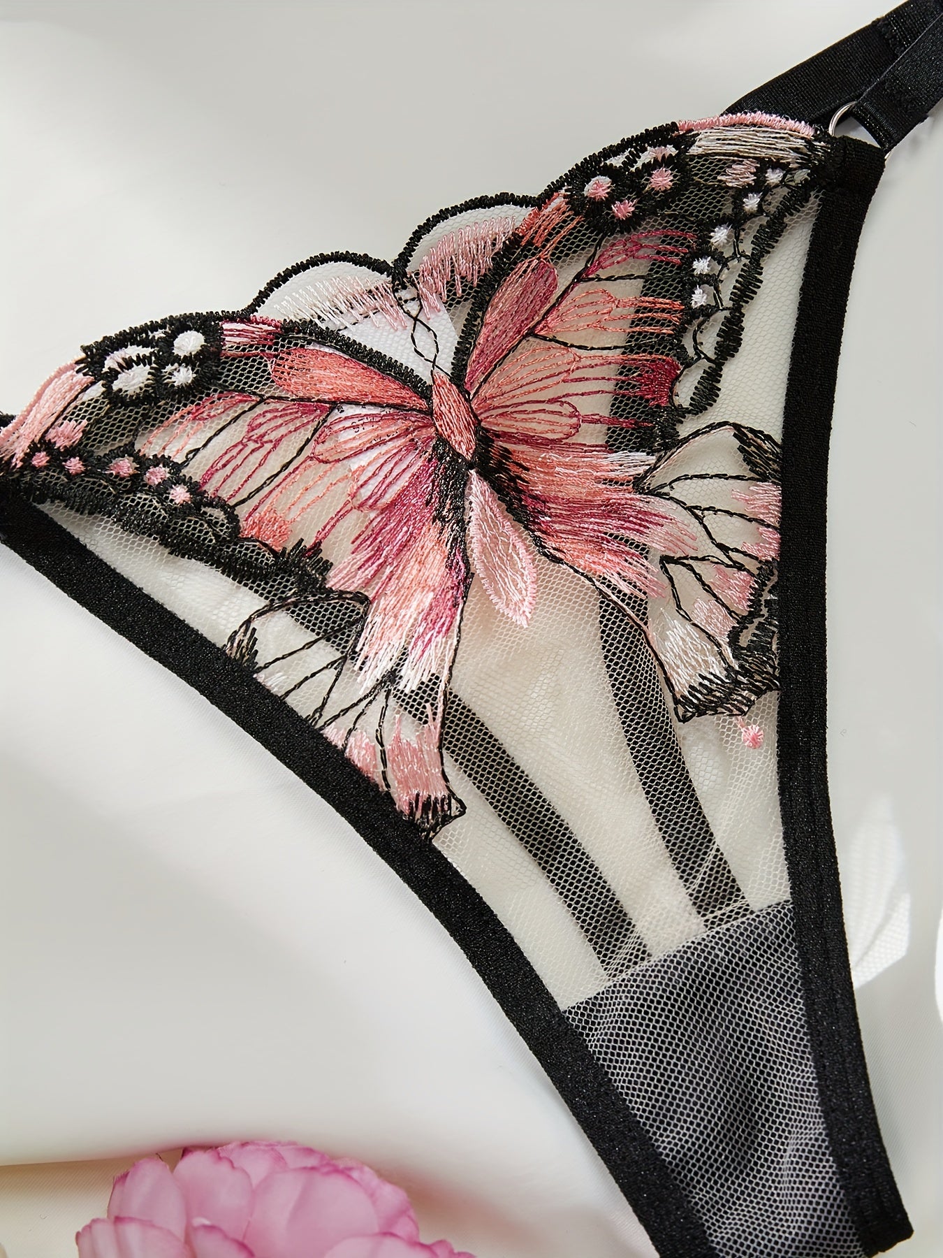 Butterfly Embroidery Mesh Lingerie Set, Strappy Plunge Bra & Thong, /MH