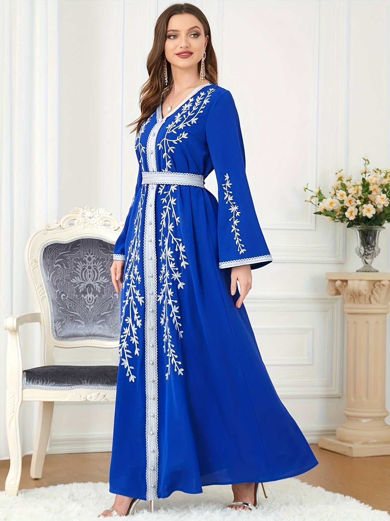 Floral Pattern Kaftan Dress, Elegant V Neck '/MH