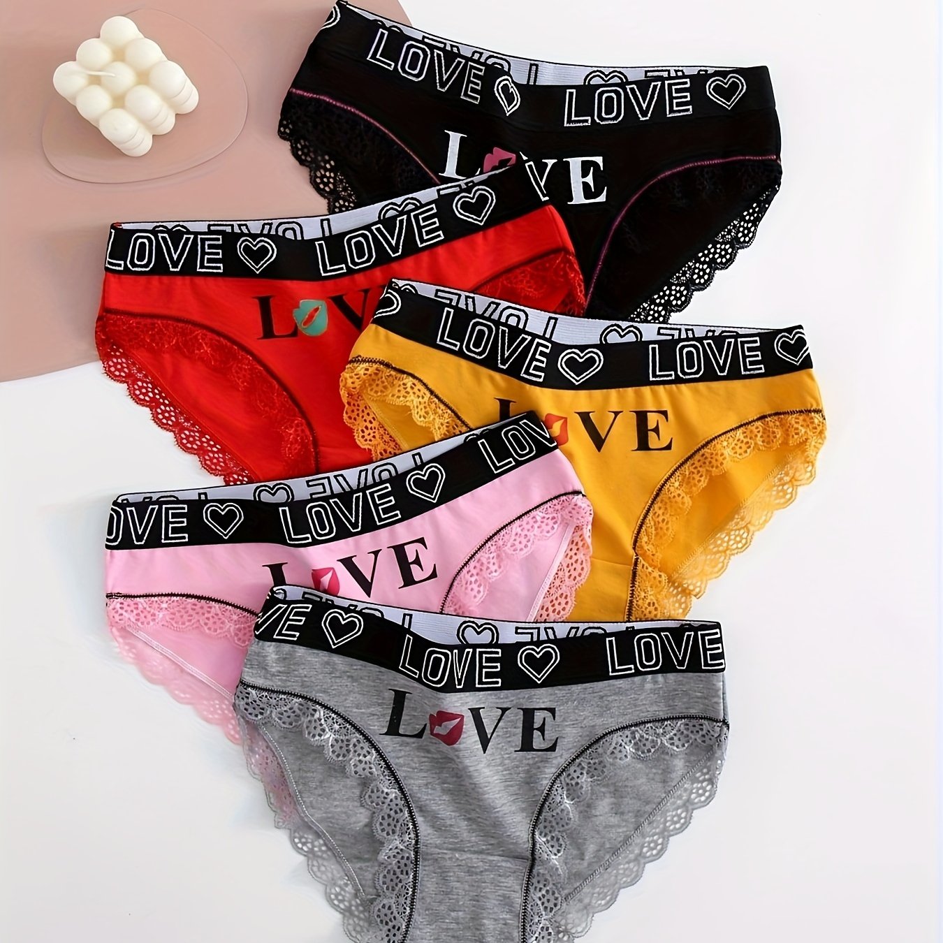 5pcs Contrast Lace Letter Print Briefs, Comfy & Breathable Scallop Trim Panties, /MH
