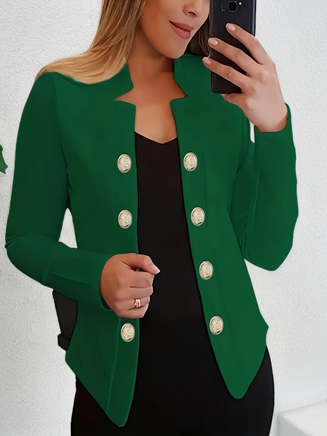 Button Decor Open Front Blazer, Casual Long Sleeve.
