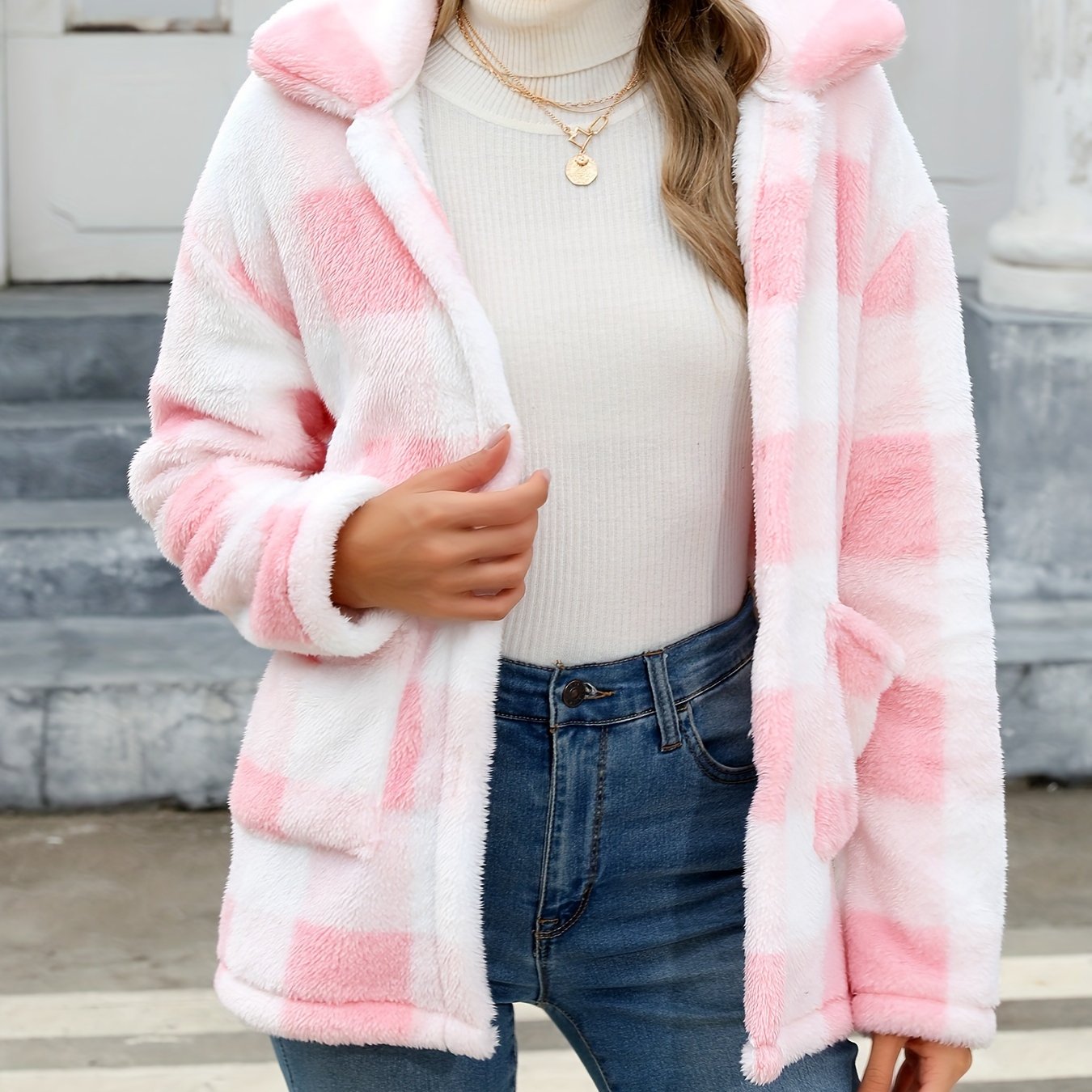 Long Sleeve Plaid Print Teddy Coat with Patched Pockets - Soft, Warm,