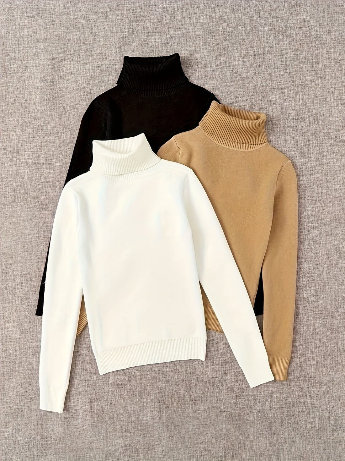 3pcs Turtleneck Solid Sweater, Casual Long Sleeve Sweater .