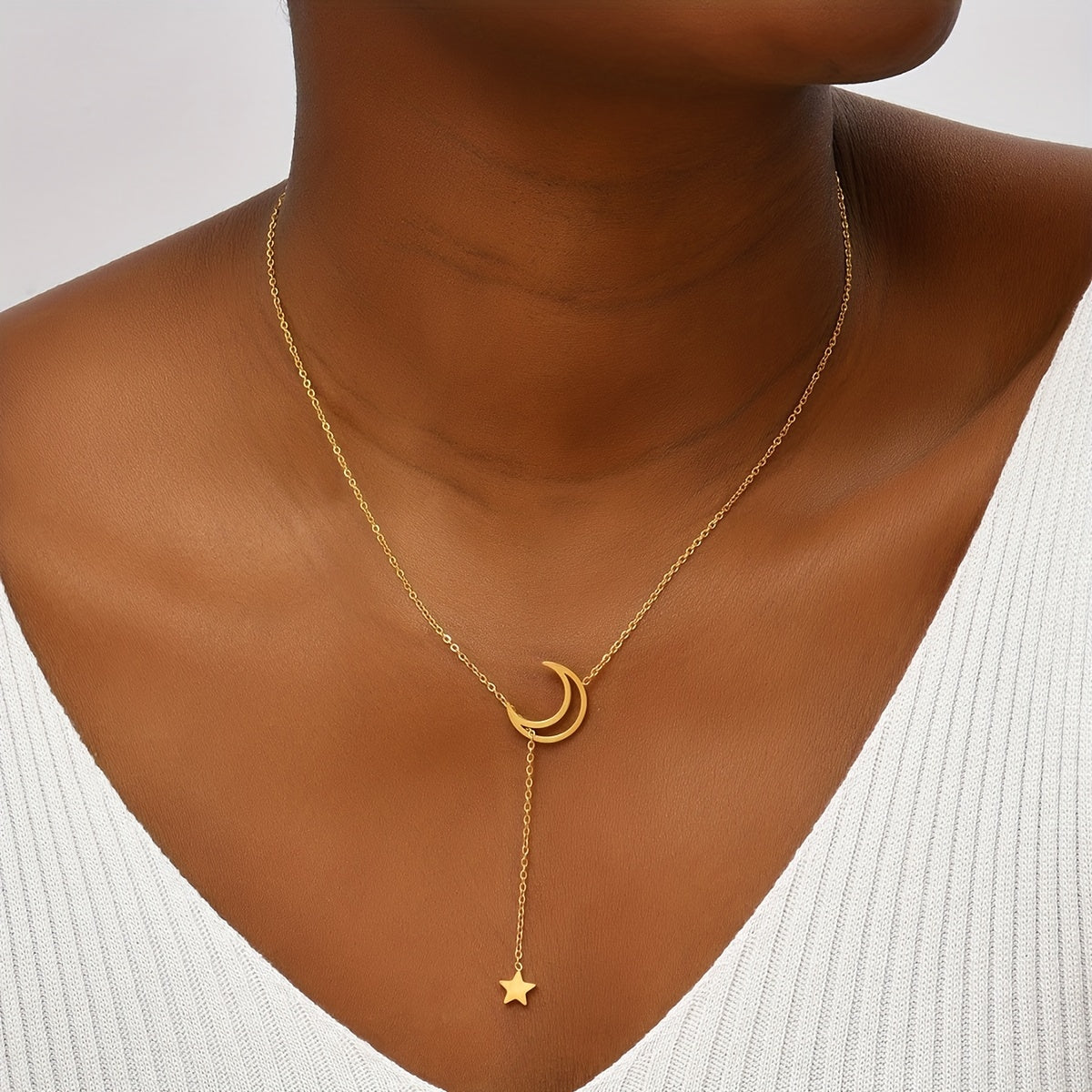 Stainless Steel Retro Moon Star Pendant Necklace 14K Plated Neck Jewelry Gift