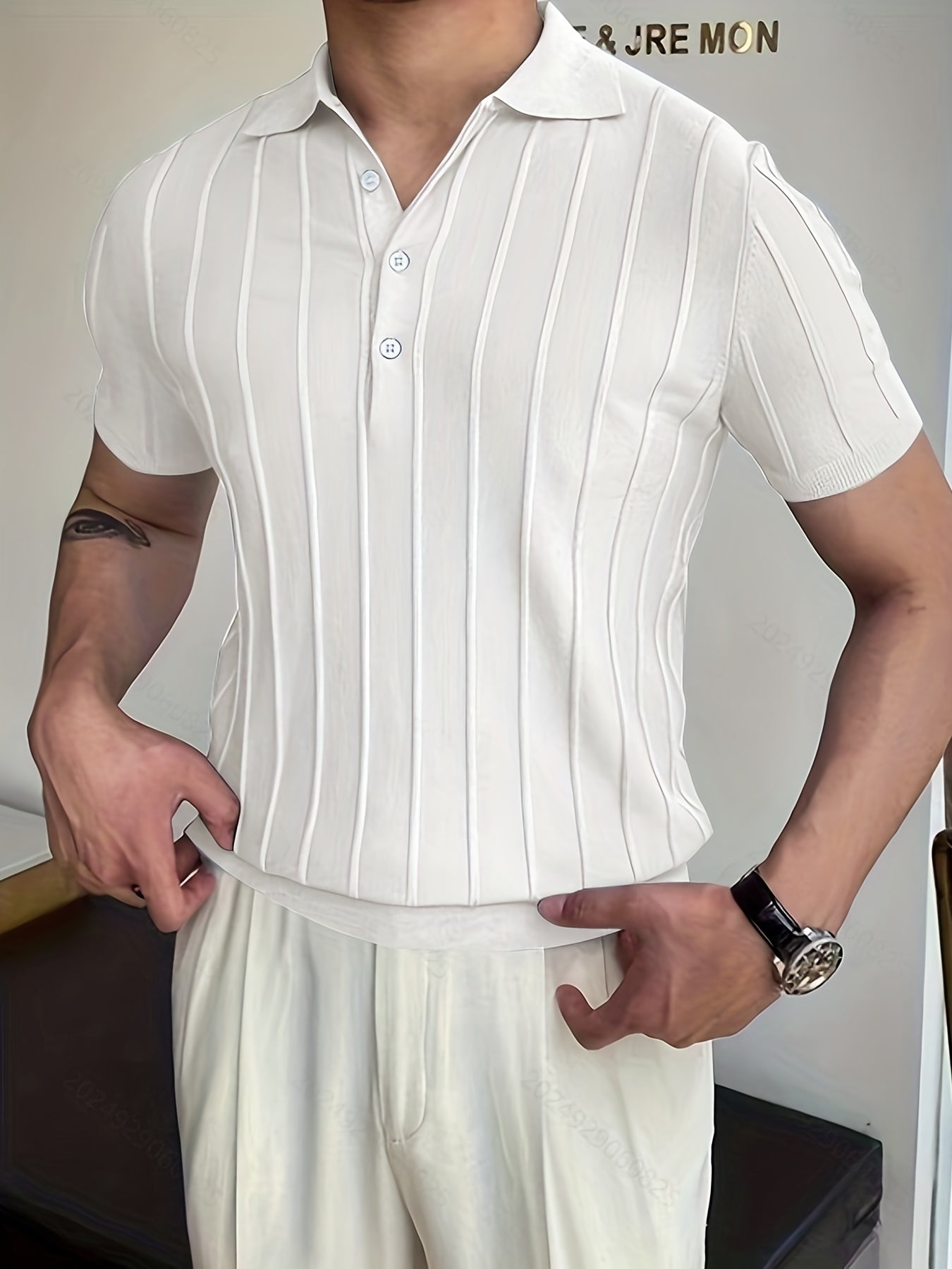 Vertical Striped Chic Shirt, Men's Casual Solid Color High Stretch .