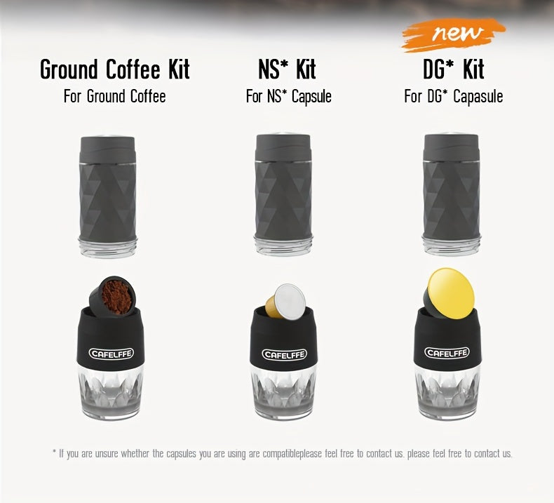 Cafelffe 3in 1 Portable Coffee Machine Manual Capsule Espresso Machine Non-heating, Non-electric, Suitable for Nespresso Capsules, Dolce Gusto Capsules and Grind Coffee, Suitable for Car, Travel, Office, Camping and Hiking, T
