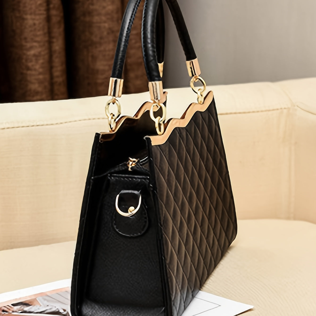 Women'S Quilted PVC Handbag with Bow Embellishment, Adjustable Strap.