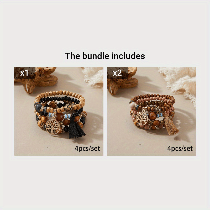 4pcs/set Tree Of Life Pendant Multilayer Beaded Bracelet Round Bead Wooden Bead Bracelet Bohemian Ethnic Jewelry Accessories Handmade -A Stylish Accessory, Father's Day Gift