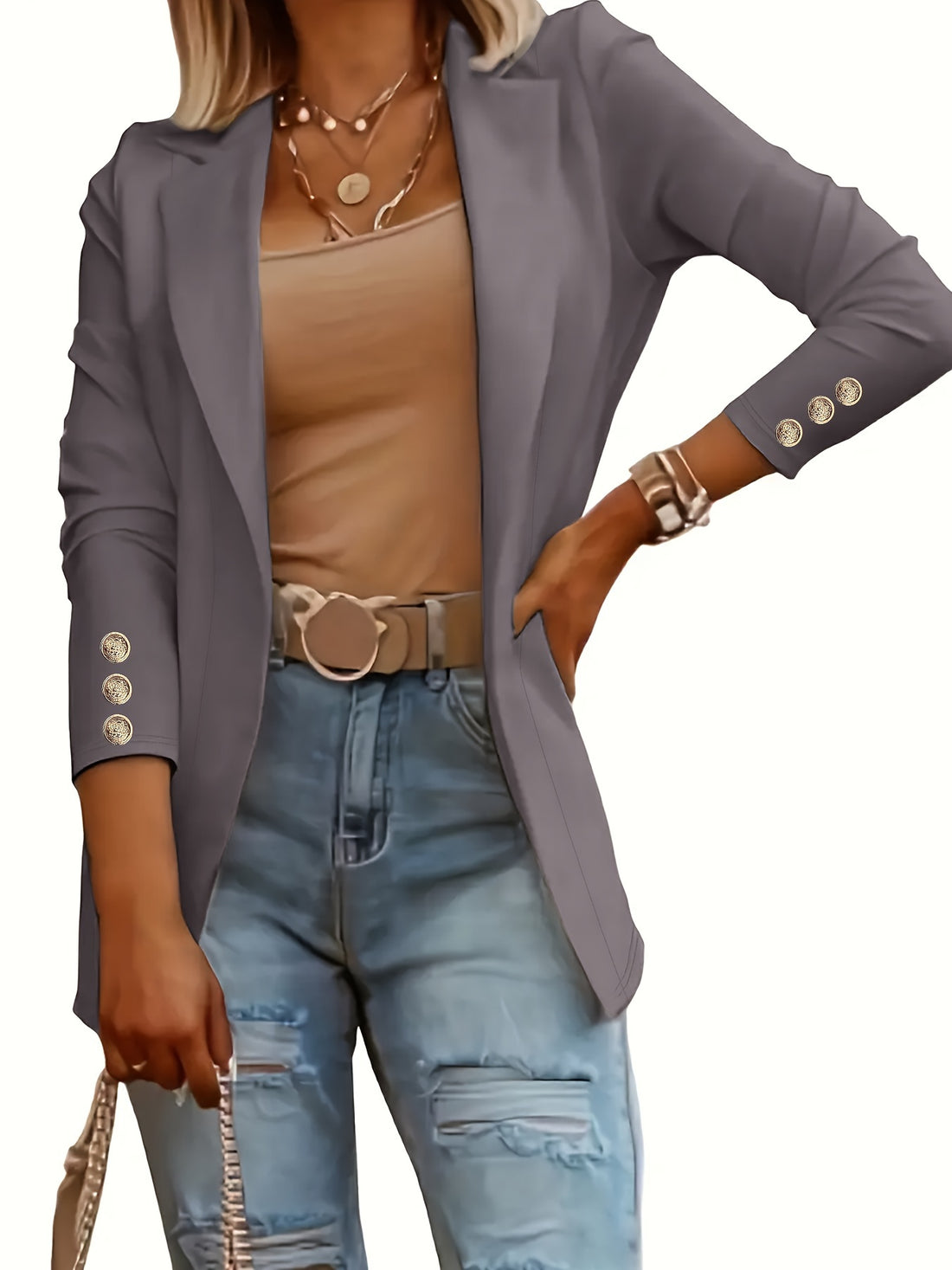 Solid Open Front Lapel Blazer, Elegant Button Decor Long Sleeve Blazer.