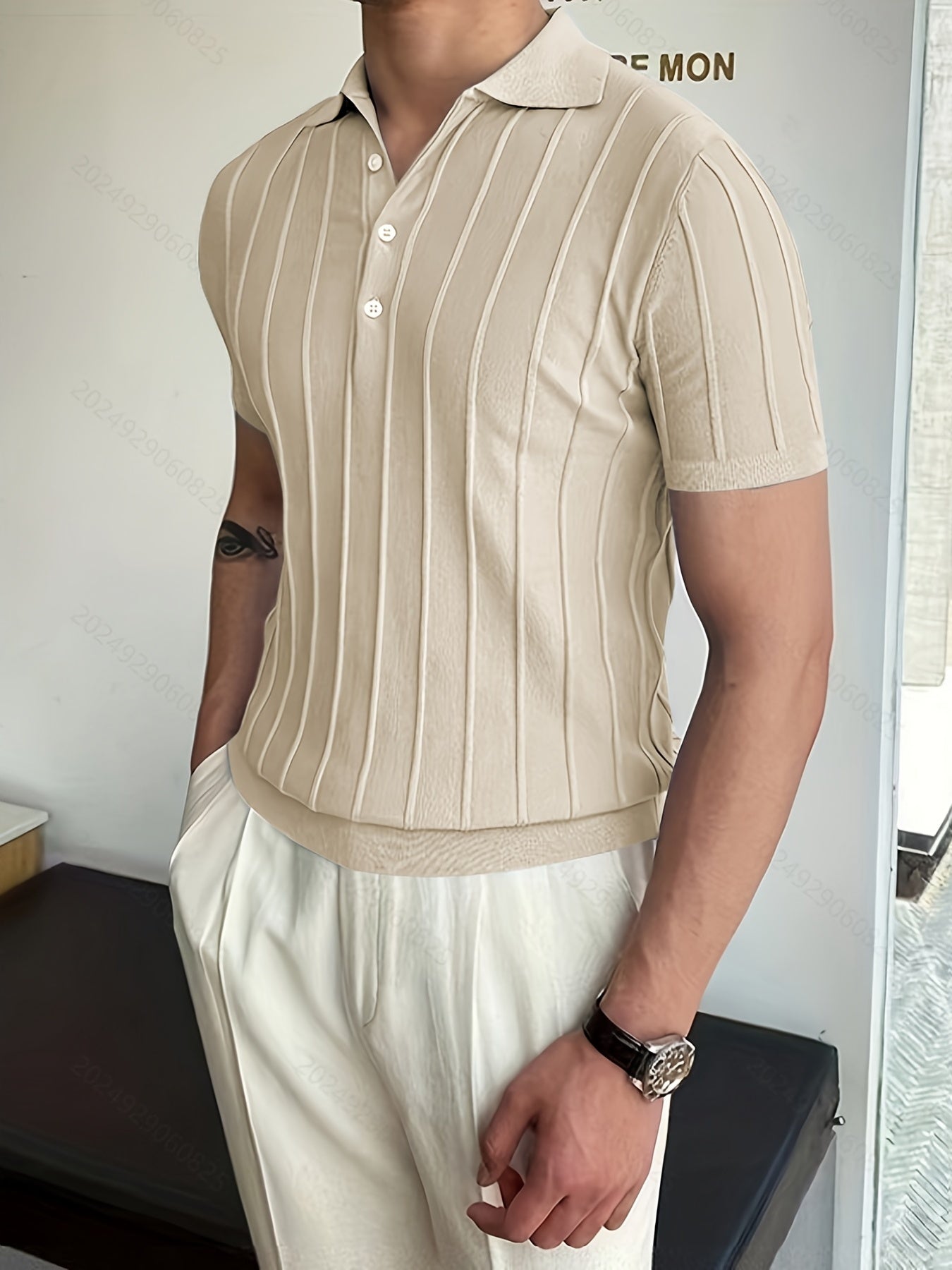 Vertical Striped Chic Shirt, Men's Casual Solid Color High Stretch .