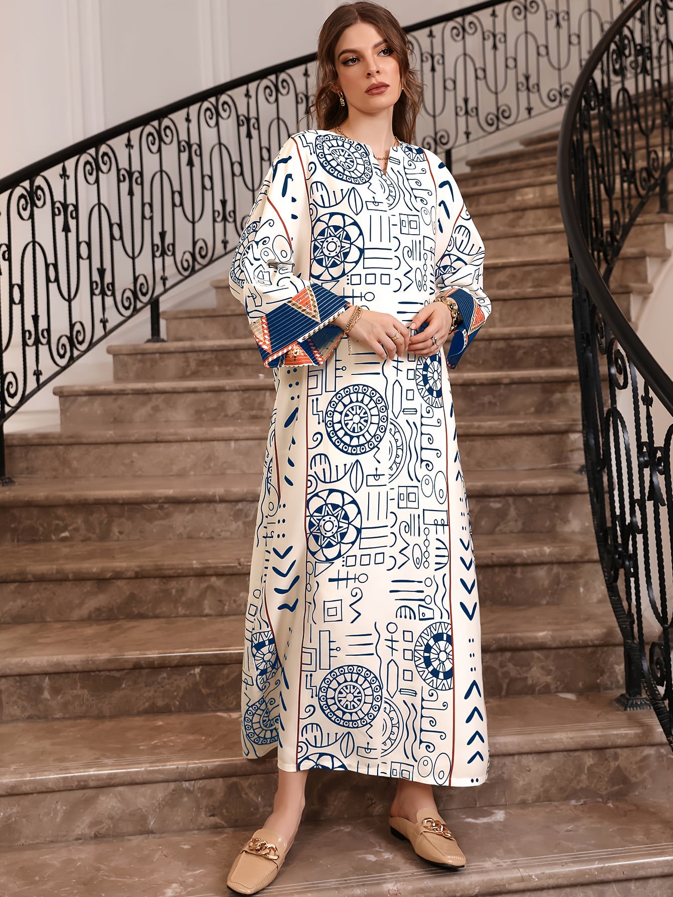 Allover Print Long Sleeve Kaftan Dress, /MH