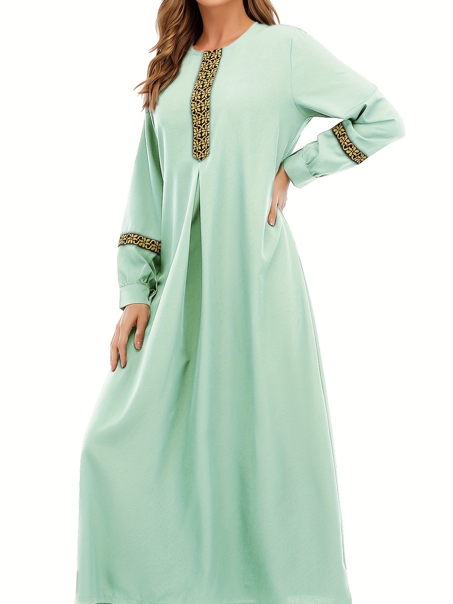 Contrast Trim Kaftan, Elegant Long Sleeve Maxi Length Dress, /MH