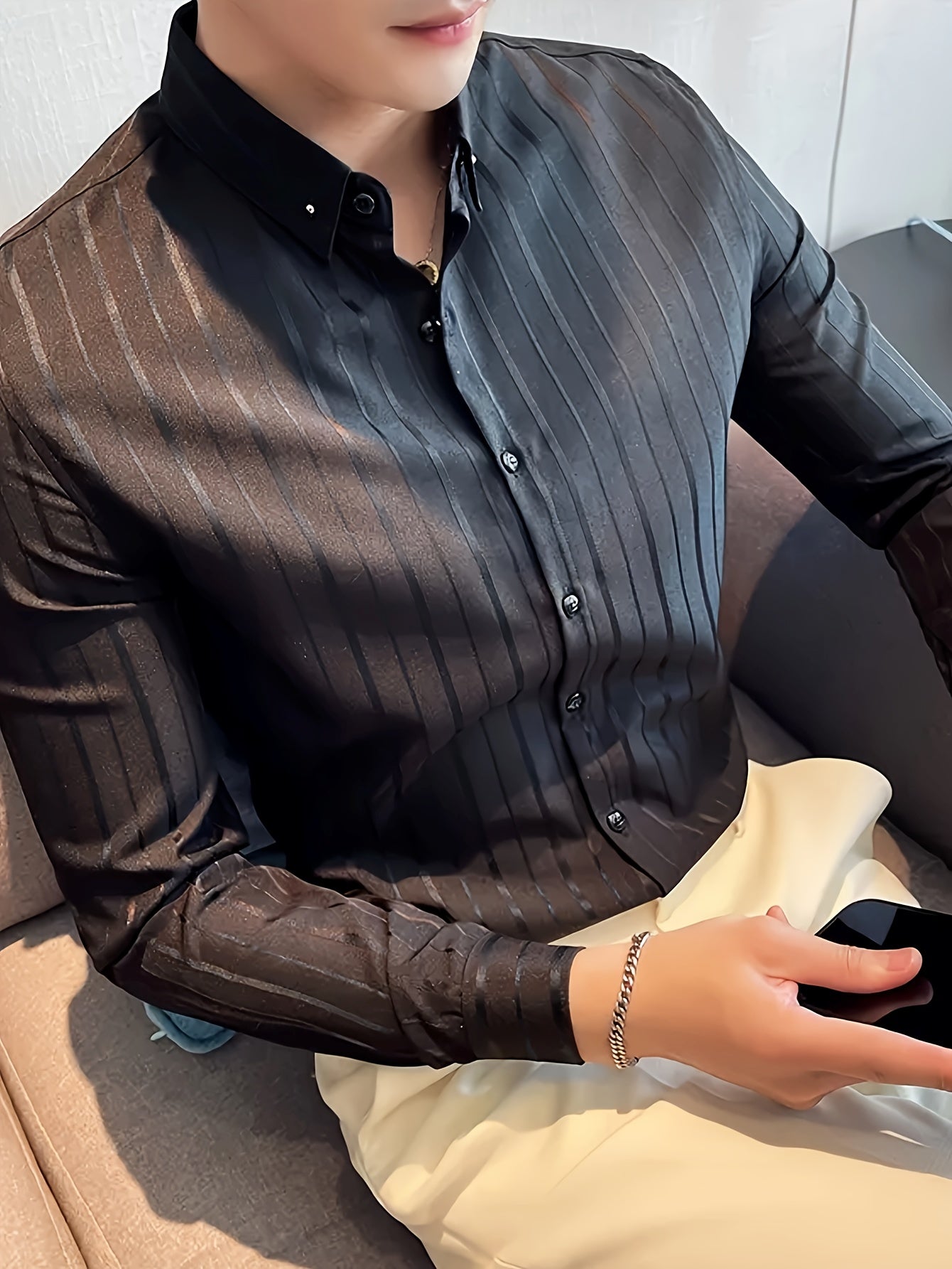 Men's Striped Lapel Collar Design Dress Shirts,