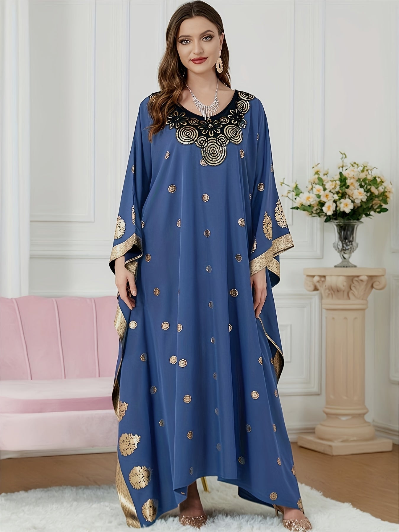 Graphic Print Batwing Sleeve Kaftan Dress, /MH