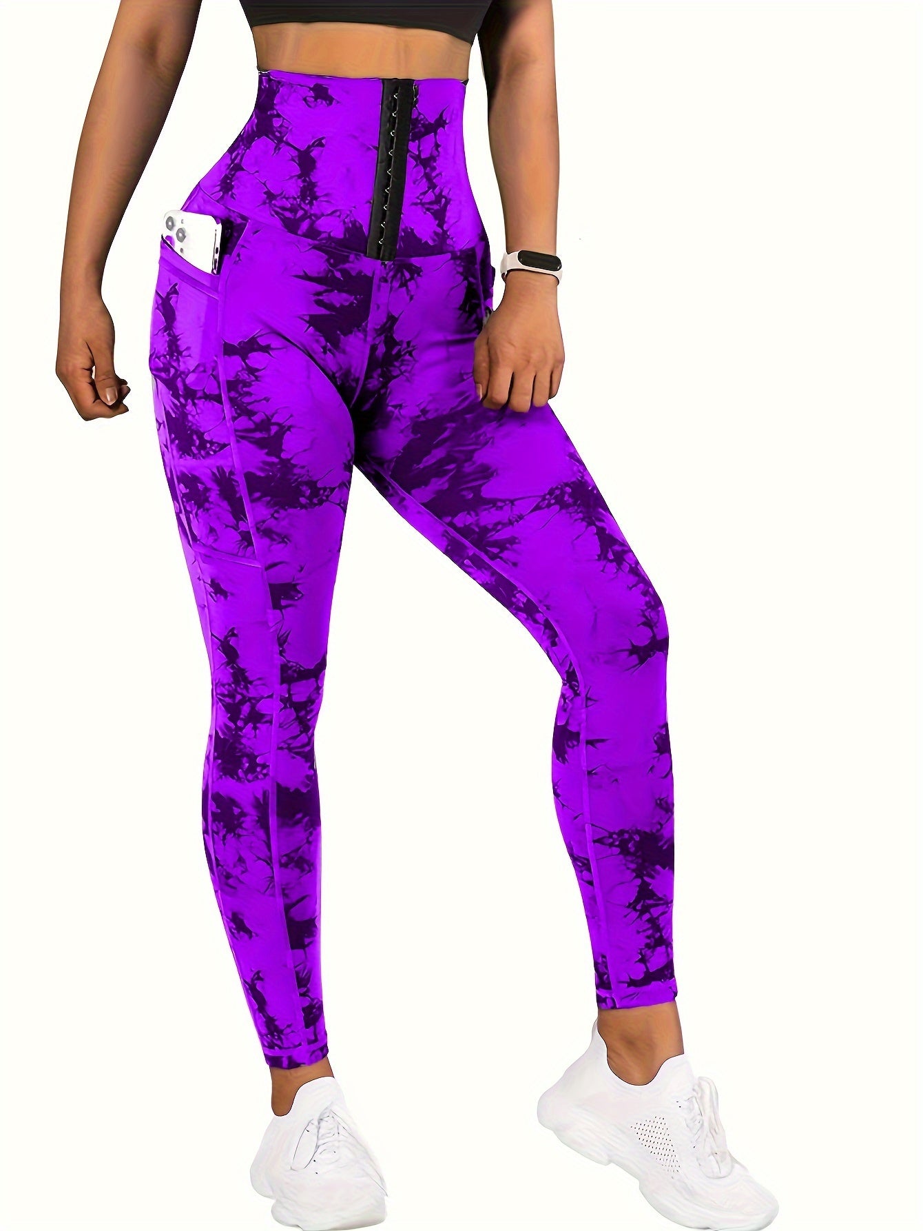 Women'S High-Waist Tie-Dye Yoga Leggings with Front Button Closure & Pockets .