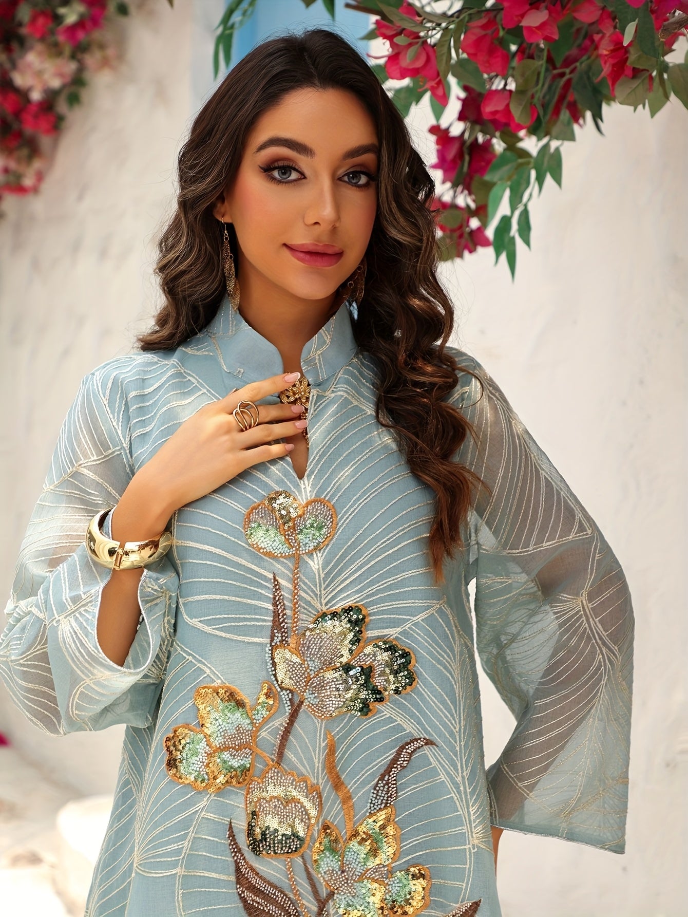 Elegant Women'S Sequin Mesh Kaftan Dress - Long Sleeve,/MH