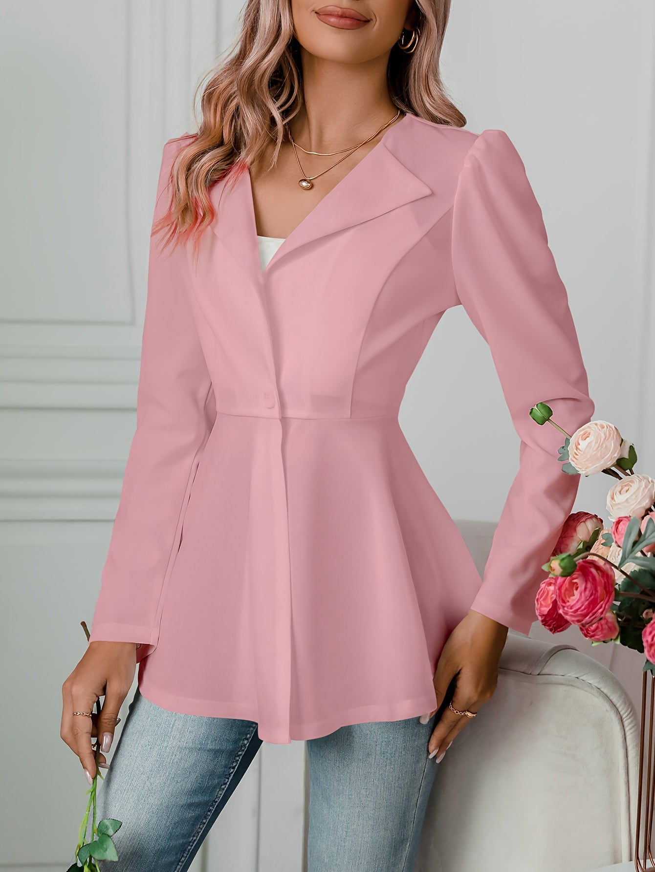 Notched Collar Flare Blazer, Elegant Long Sleeve Button Front Coat,