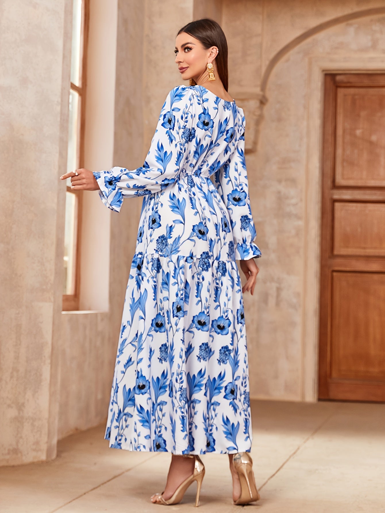 Floral Print Crew Neck Kaftan Dress, /MH