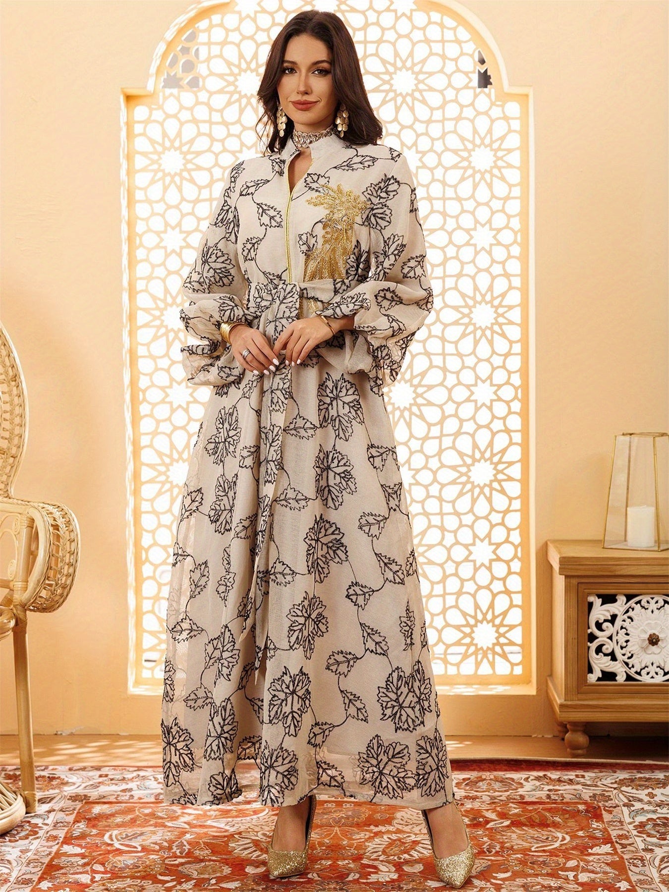 Dubai Floral Embroidery Belted Dress Belt included Lantern Sleeve/MH