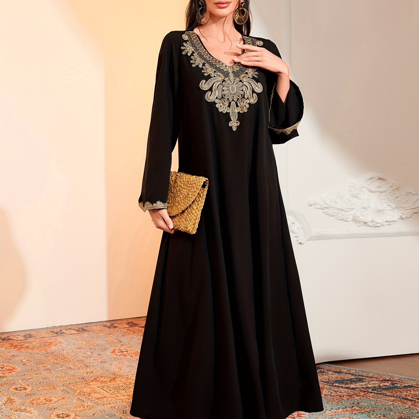 Ramadan Contrast Trim V Neck Kaftan Abayas, /MH