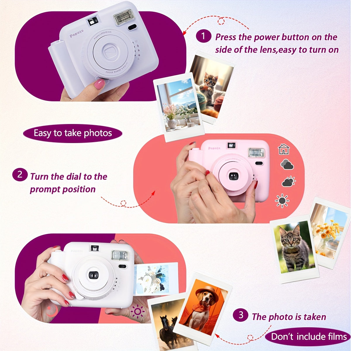 Popoto Instant Camera Gift Set with PU Case - Flash-Enabled, Battery-Free Photography Kit for Outdoor Parties (Camera & Accessories Included, No Batteries or Film)
